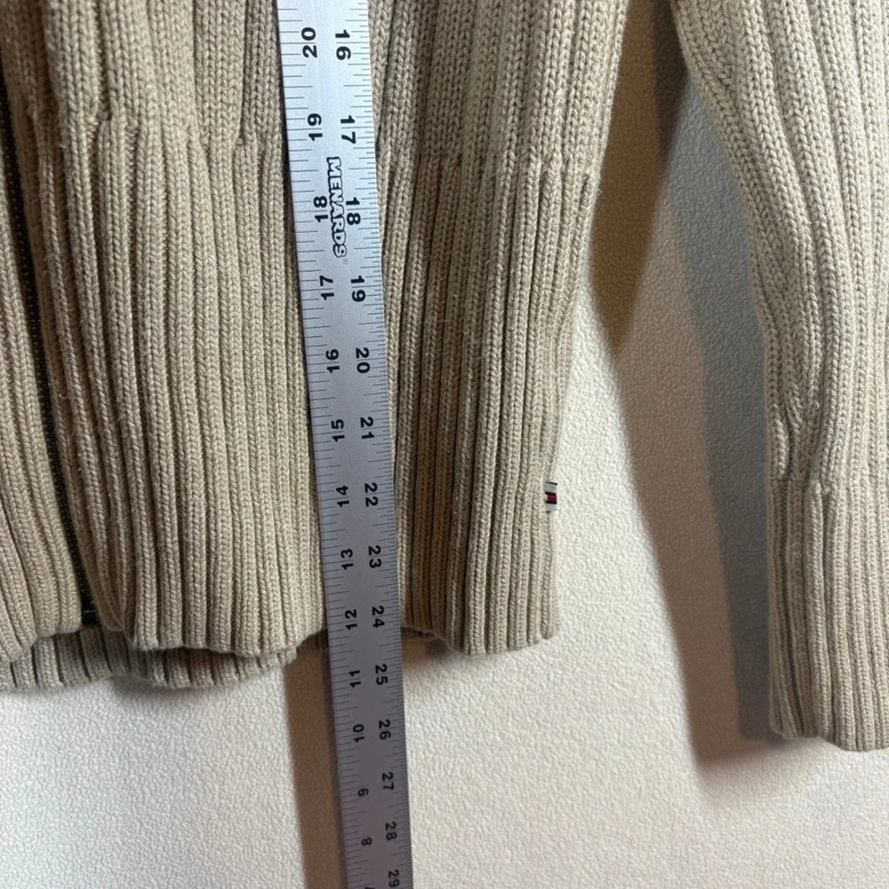 Vtg Tommy Hilfiger Womens Y2K Preppy‎ Rib Full Zip Cotton Sweater Lg Tan Acadmia